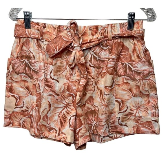 Forever 21 Shorts Womens Medium High Rise Linen Blend Pull On Orange Floral - Picture 1 of 12